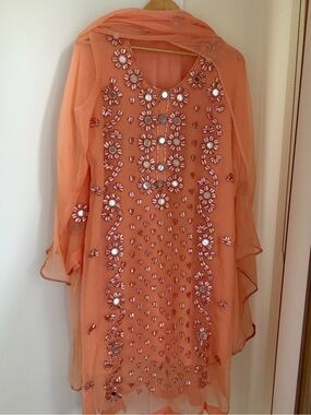 Hand made gota and mirror Peach Embellished Chiffon Tunic Top